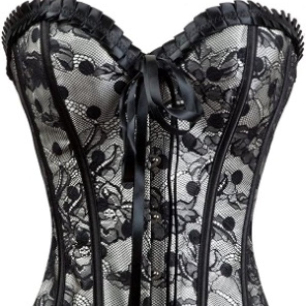 Vintage Floral Denim Overbust Corset Bustier Top – Beige Dotted